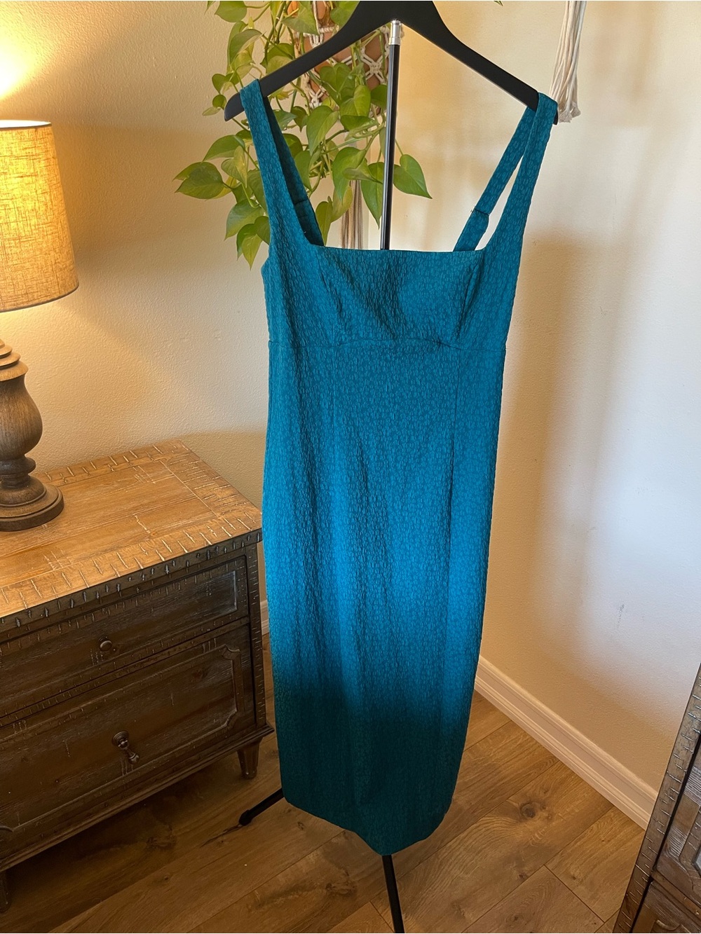 Abercrombie & Fitch Teal Textured Square-Neck  stretch Midi Dress